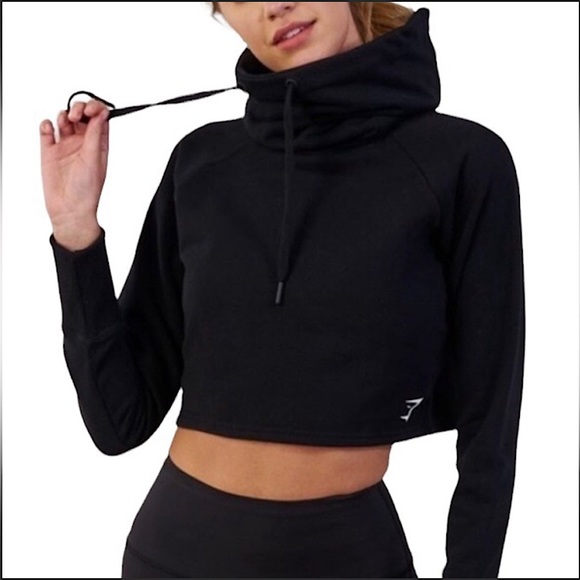 Gymshark Medium Funnel Neck Cropped Sweatshirt Top Black Slouch Cozy Workout - Picture 1 of 2